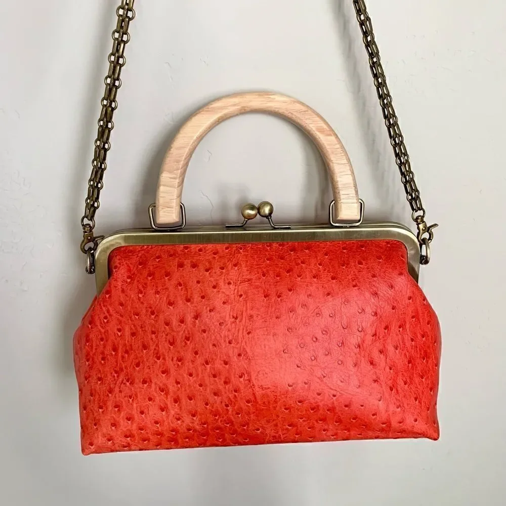 Handmade Genuine Ostrich Textured Cowhide, Wood Handle Kisslock Metal Frame Bag